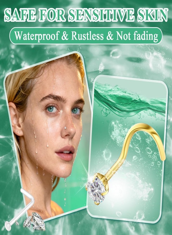 ANYIWLD Hypoallergenic 8Pcs 20G Nose Ring Studs for Women, Gold/Silver 316L Surgical Stainless Steel Corkscrew Nose Studs L Shape Clear Nose Piercing Retainers Small Nose Ring CZ 1.5/2.0/2.5/3.0mm - Image 2